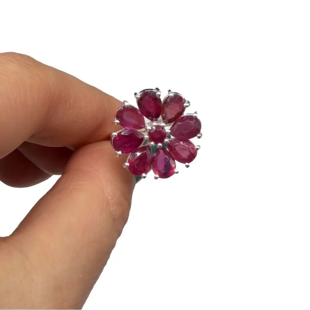 Ruby Flower Ring Size 6 Solid 925 Sterling Silver Daisy Multi Stone Statement